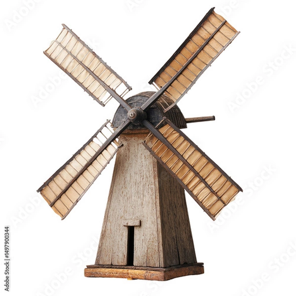 Fototapeta A miniature wooden windmill with four sails, weathered and aged appearance, on a small base
