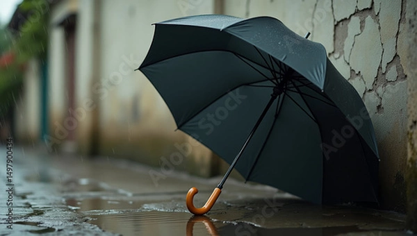 Fototapeta A wet umbrella is leaning against a concrete wall near a puddle, a summer rain has just fallen. Umbrella in the rain.