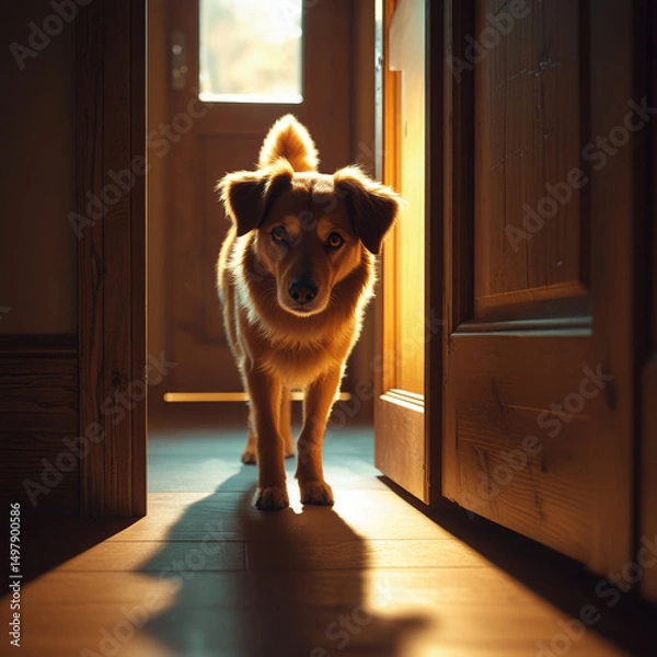 Fototapeta Pet dog looking through slightly ajar door at night, light in hallway casts a long shadow. 