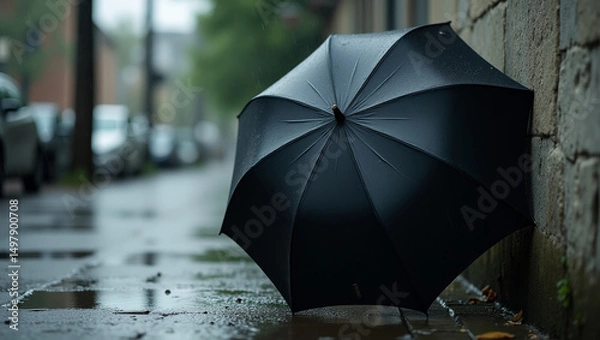 Fototapeta A wet umbrella is leaning against a concrete wall near a puddle, a summer rain has just fallen. Umbrella in the rain.