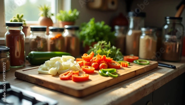 Fototapeta Kitchen counter in the middle of cooking counter with cutting board, spices, vegetables, natural window light.