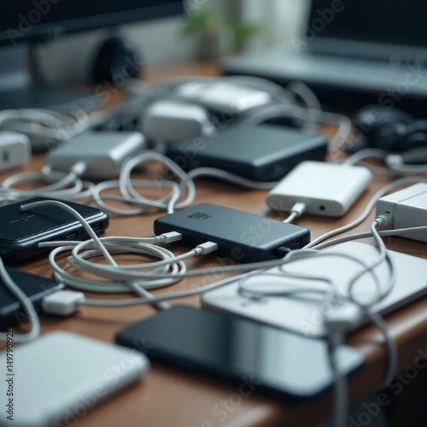 Fototapeta Close-up of a tangled pile of charging cables and gadgets on a table. A mess of wires, phones on the work table.