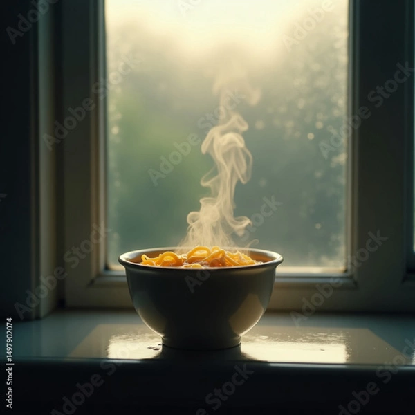 Fototapeta A bowl of instant noodles on a windowsill in the rain, soft window light, rising steam. 