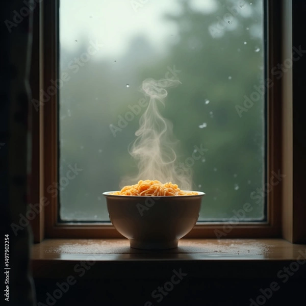 Fototapeta A bowl of instant noodles on a windowsill in the rain, soft window light, rising steam. 