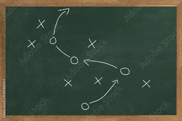 Obraz Tactic plan. Hand drawn arrows as strategy scheme sketch, isolated on on the green chalkboard. Business or sport succes concept.