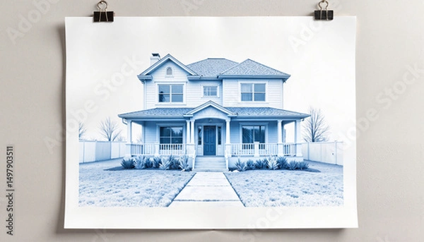 Fototapeta Blue architectural drawing of a two-story house displayed on paper  