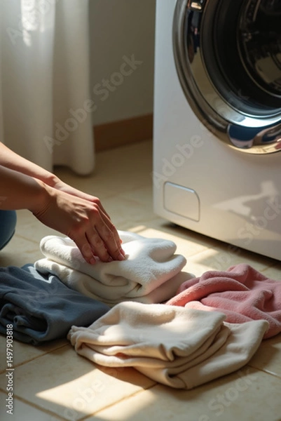 Fototapeta Close-up of hands separating laundry on floor next to washing machine, soft daylight, realistic life scene. Starting the washing machine.