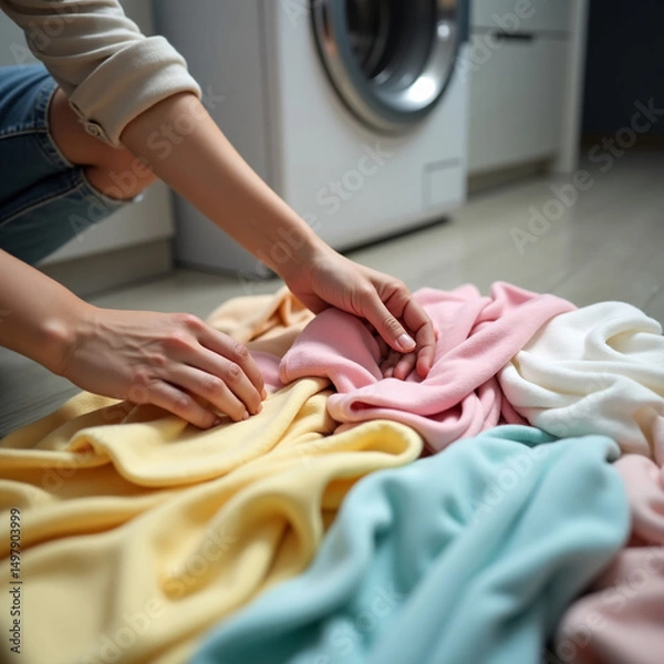 Fototapeta Close-up of hands separating laundry on floor next to washing machine, soft daylight, realistic life scene. Starting the washing machine.