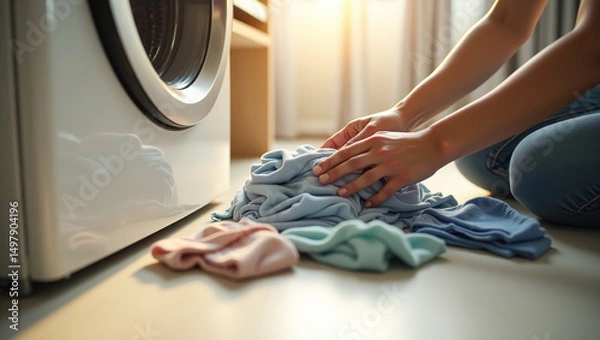 Fototapeta Close-up of hands separating laundry on floor next to washing machine, soft daylight, realistic life scene. Starting the washing machine.