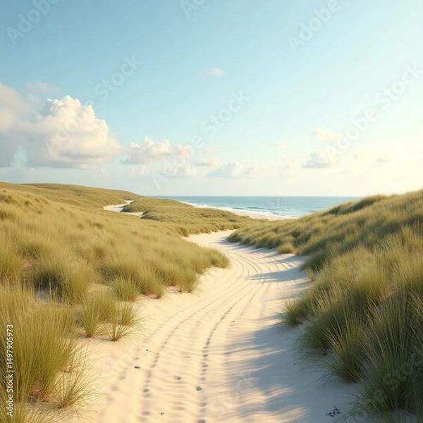 Fototapeta Sandy path to the sea with grass all around.