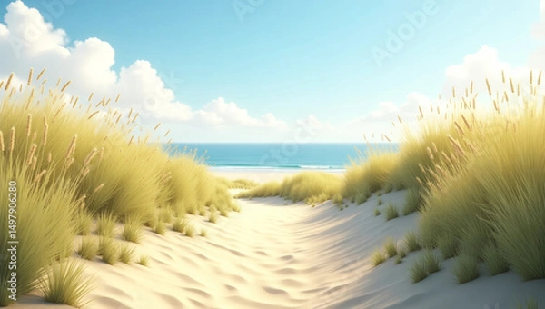 Fototapeta Sandy path to the sea with grass all around.