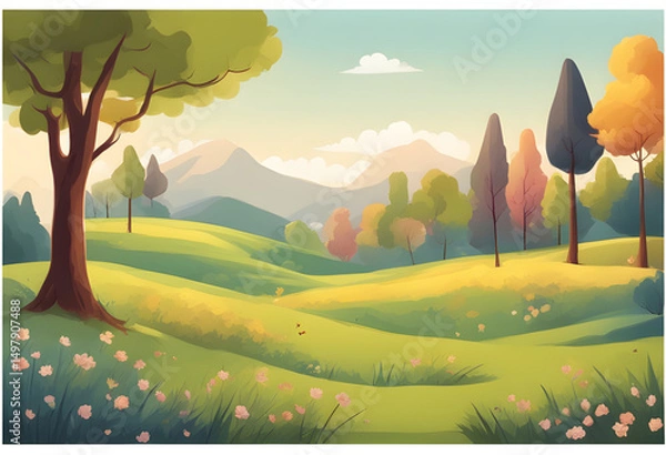 Fototapeta Spring landscape, Spring mountains, Trees and mountains, Blooming landscape, Green hills and trees, Mountain valley in spring, Spring forest, Nature awakening, Spring mountain view, Blossoming trees, 