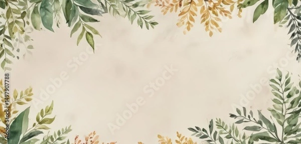 Fototapeta Watercolor painted leaves and branches frame bifold template ,  sympathy,  greenery,  vintage