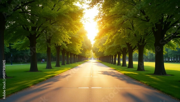 Fototapeta A summer park with sunlight through the foliage.