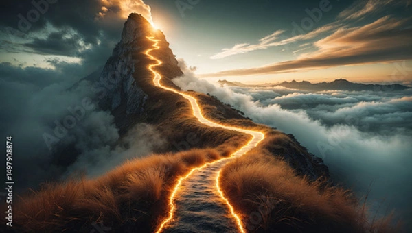 Fototapeta A breathtaking view of a mountain path leading to a bright sunrise, above the clouds.