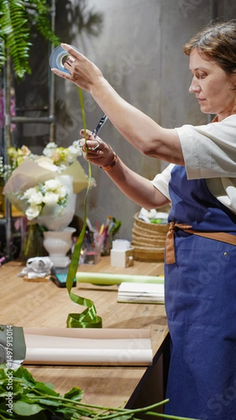 Fototapeta A female florist measures ribbon for decoration. Small business.  Owner. Close-Up