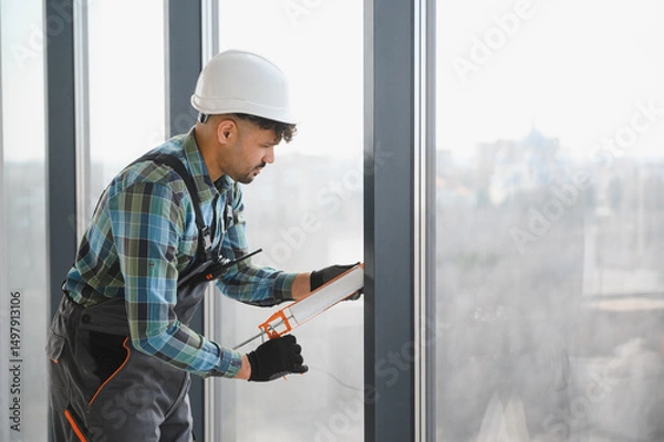 Fototapeta Construction worker sealing window frame in modern building