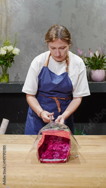 Fototapeta Florist unpacking a package of roses. Small business.  Close-Up.  Soft focus.