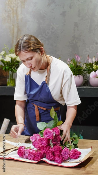 Fototapeta Florist unpacking a package of roses. Small business.  Close-Up.  Soft focus.