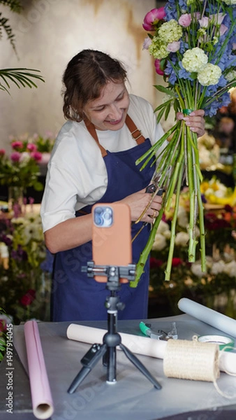 Fototapeta Florist conducts online training on creating bouquets using a phone. Florist records instructional video while looking into the camera. Small business.  Close-Up.