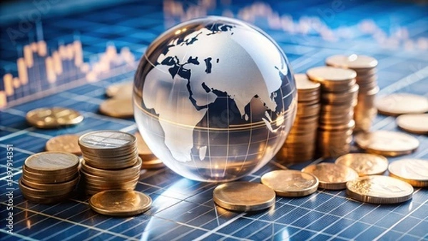 Fototapeta Stacks of coins and a glass globe on a financial chart symbolize global finance, investment, and economic growth.