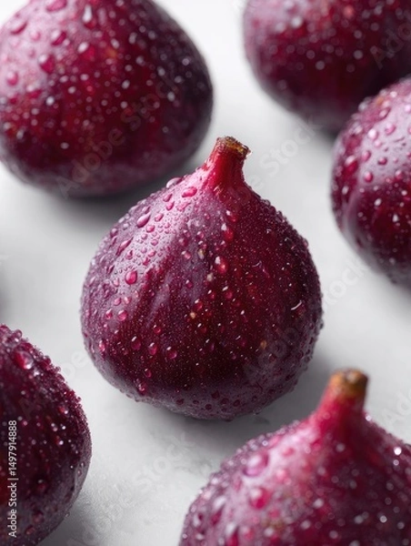 Obraz Fresh, vibrant figs with water droplets, arranged on a clean white surface, highlighting their unique shape and texture. --ar 3:4 --profile uv8egwy --v 7 Job ID: 754e246f-4614-4868-b6ca-7767f2d83d71