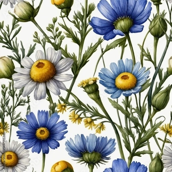 Obraz Vibrant Floral Pattern Illustration: Colorful Daisies in Whimsical Springtime Design for Sustainable Home Decor