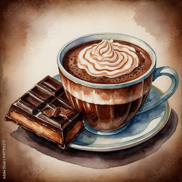 Obraz Cozy Winter Drink Art: Hot Chocolate and Coffee with Whipped Cream and Chocolate Bar in Rustic Style Cup and Saucer
