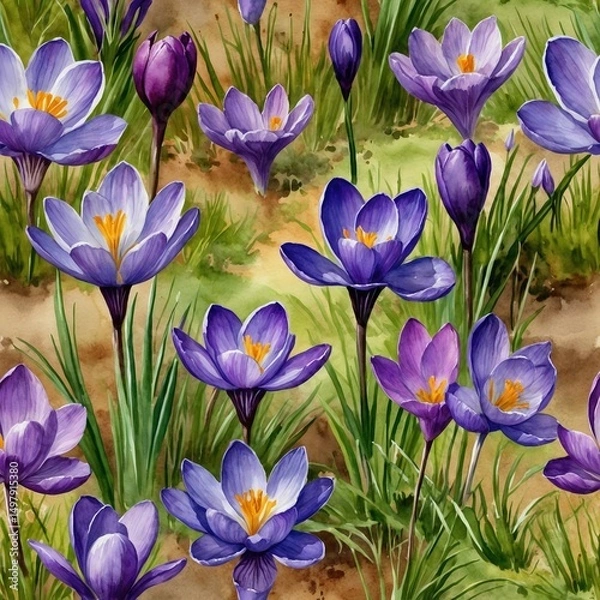 Obraz Blooming Crocus Flowers: Vibrant Purple and Violet Blossoms in a Scenic Outdoor Garden Illustration - Springtime Floral Artwork with Botanical Elegance