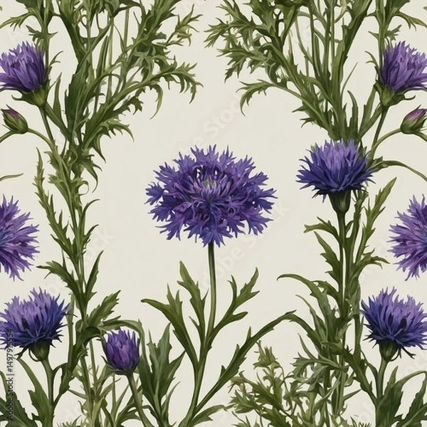 Obraz Vibrant Botanical Floral Pattern: Purple and Blue Cornflower Garden Wallpaper