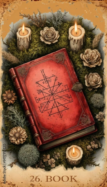 Fototapeta Book. Fantasy Lenormand Oracle deck card. Fantasy vintage illustration with mystical symbols in fantasy style, colorful graphic drawing