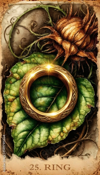 Fototapeta Ring. Fantasy Lenormand Oracle deck card. Fantasy vintage illustration with mystical symbols in fantasy style, colorful graphic drawing