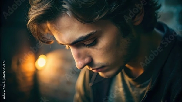 Fototapeta A young man sits in soft, moody lighting, looking down thoughtfully, suggesting introspection or contemplation.