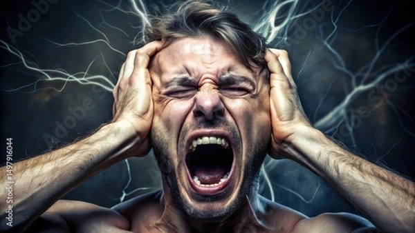 Fototapeta A man screams in frustration, holding his head as electric energy crackles around him, expressing intense stress or mental anguish.
