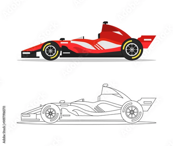Fototapeta Formula 1 racing car isolated on white background. Colorful and black and white cartoon Formula 1 racing car for coloring book. Coloring book for children. Vector stock