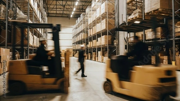 Fototapeta A busy warehouse with moving forklifts and workers organizing shelves filled with boxes and packages.