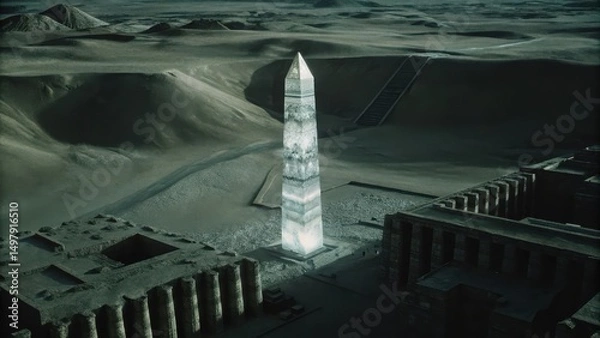 Fototapeta A luminous crystal obelisk stands amidst ancient ruins in a desert landscape under a dark sky.