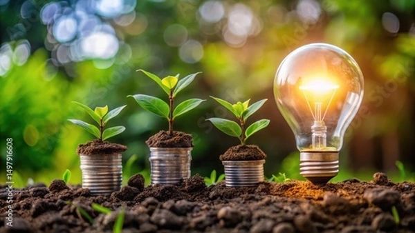 Fototapeta Seedlings growing from coins next to a glowing light bulb, symbolizing green energy and sustainable growth.