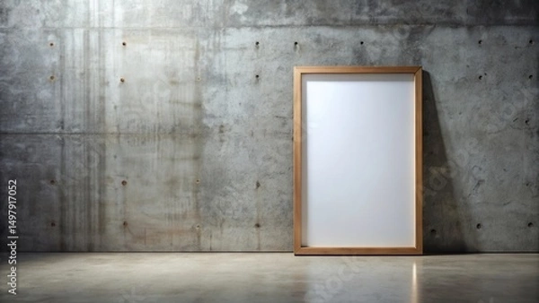 Fototapeta A blank wooden frame leans against a textured concrete wall in a minimal, industrial-style room.