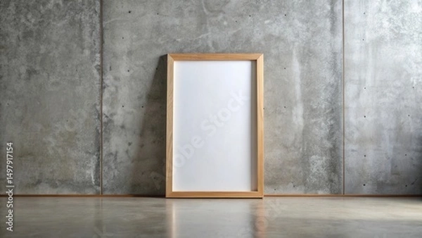 Fototapeta Minimalist wooden picture frame with blank white canvas leaning against a textured concrete wall on a polished floor.