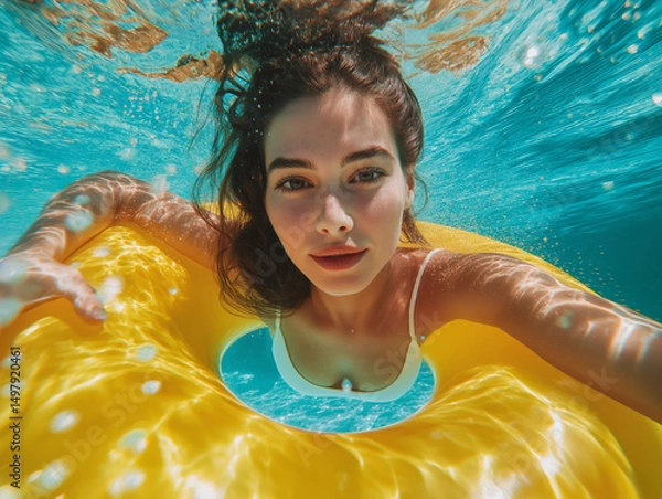 Obraz Woman Swimming Underwater with Yellow Inflatable Ring in Clear Pool. Perfect for Travel and Tourism Promotion