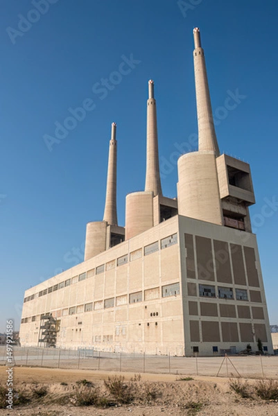 Fototapeta The imposing shutdown thermal power station at Sant Adria near Barcelona with its iconic three smoke stacks