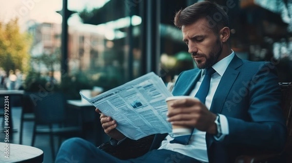 Obraz A stylish businessman reads a newspaper while holding coffee outdoors.