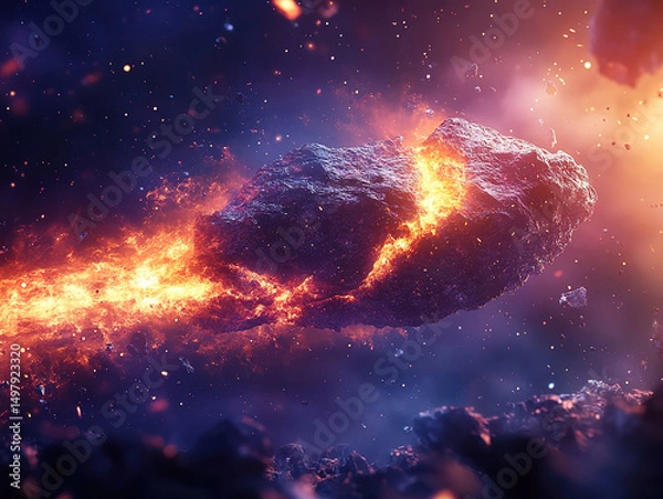 Fototapeta Exploding Comet and Laser Flash Through Stone in Space