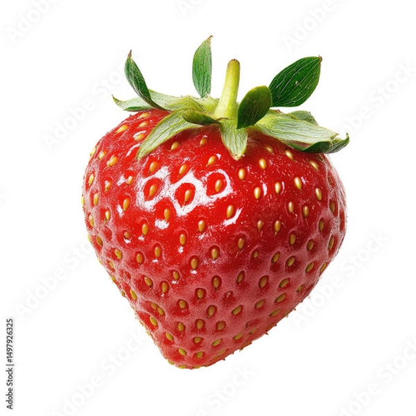 Fototapeta Single, ripe strawberry, displaying vibrant red hue, small seeds, and green leaves