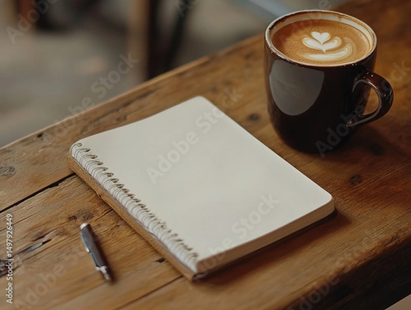 Fototapeta Morning Workspace: Blank Notebook and Coffee on Wooden Table