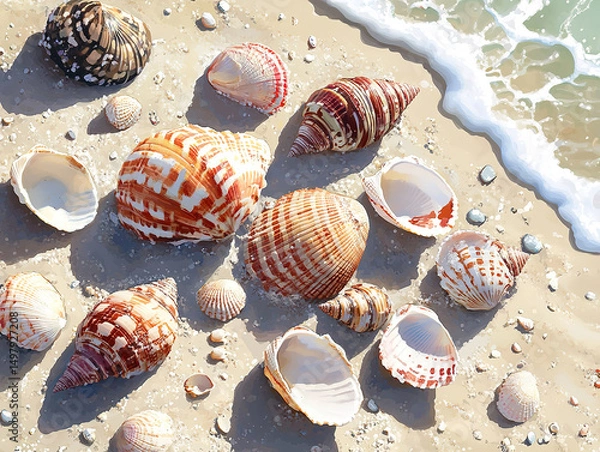 Fototapeta Seaside Summer Vibes with Seashells on Sand and Ocean Breeze