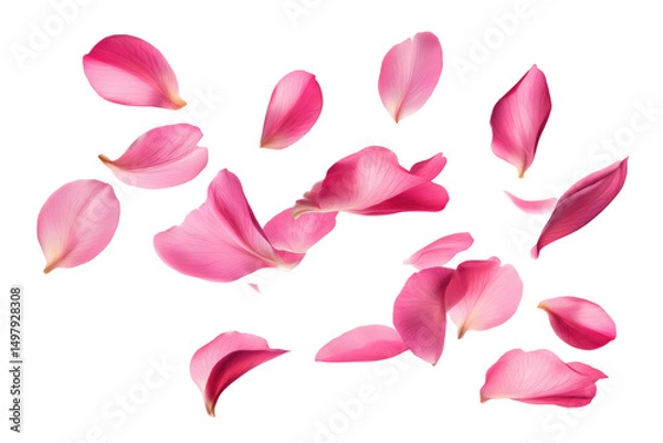 Obraz Scattered pink flower petals floating in the air against a stark black background creating a soft effect on transparent background