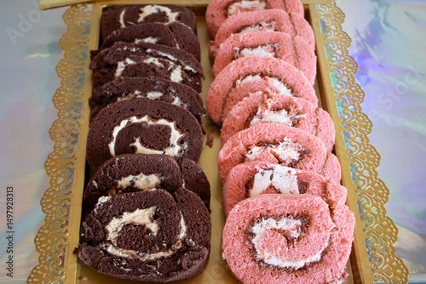 Obraz Strawberry and Chocolate Cream-Filled Cake Rolls