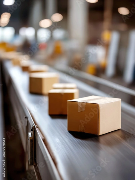 Obraz A row of sealed delivery boxes moves along a conveyor belt in a busy warehouse.